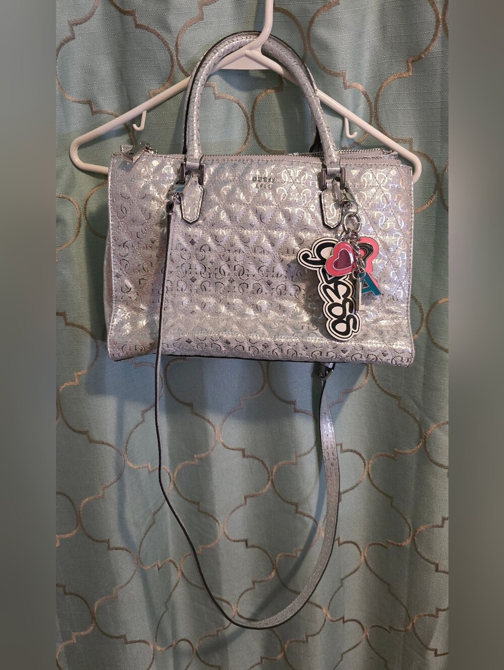 GUESS Shiny Silver 1981 Satchel Hangbag Black Comic Lining Monogram Pattern Vtg